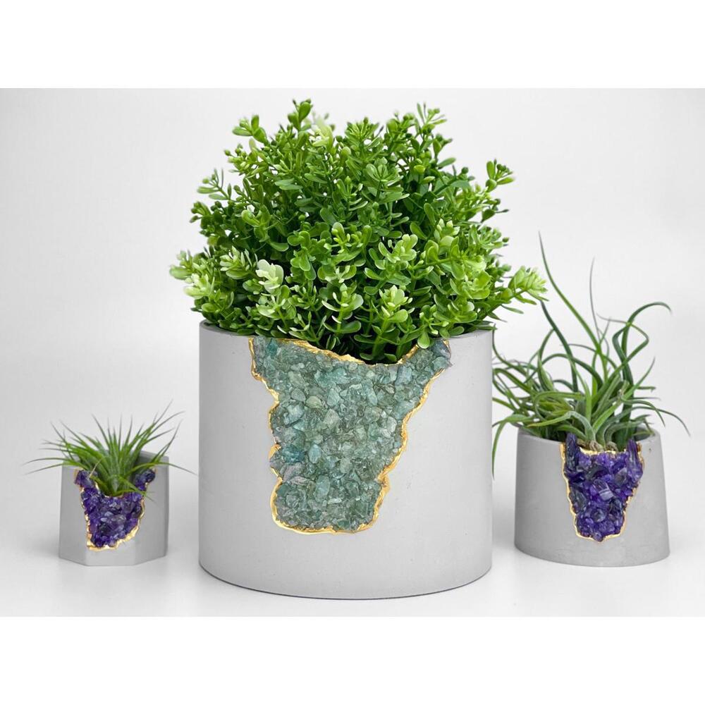 Green Apatite Crystal Planter Pot, Cement Geode Vase Gift